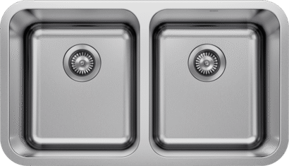 Top view of BLANCO STELLAR 31-U 2 stainless steel double bowl sink with satin polish and brushed finish, showing two rectangular basins with centered strainers.