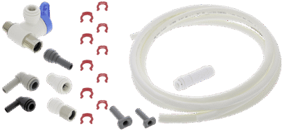 BLANCO Installation kit for BLANCO AQUA UVC-AC, article number 129575, with coiled hose, valve, connectors, elbows, and red retaining clips.