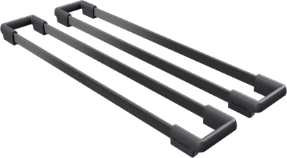 BLANCO UNIT Etagon Rails SST schwarz matt, Set aus zwei mattschwarzen Spülbecken-Schienen, Produktbild vor weißem Hintergrund.
