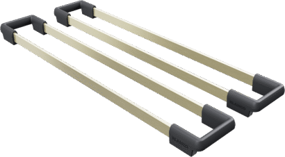 BLANCO Etagon Rails SST in Satin Gold, zwei Satin-Gold-Schienen mit schwarzen Endhalterungen, auf weißem Hintergrund gezeigt (UNIT 244465).