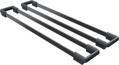 BLANCO Top_Rails SST schwarz matt, Einheit mit zwei langen mattschwarzen Schienen und Endhalterungen, in Perspektive vor weißem Hintergrund dargestellt.