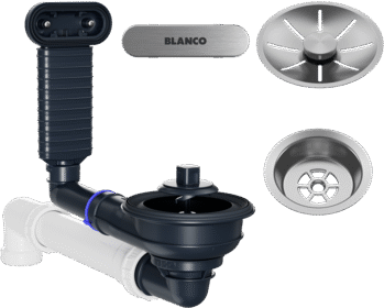 Ensemble de vidage BLANCO pour bacs simples en acier inoxydable, acier inoxydable, avec composants de bonde et de trop-plein noirs et couvercle de crépine rond. Référence 244878.