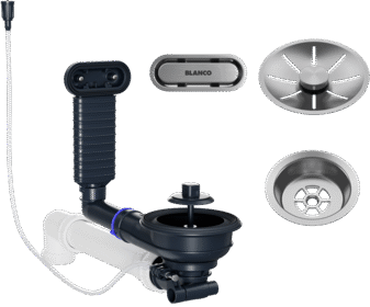 Kit de vidage BLANCO avec pop-up en acier inoxydable, couleur inox, référence 800564, présenté avec ensemble de vidage, cache de trop-plein et capuchon de crépine rond.