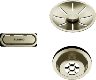 BLANCO Outlet basket strainer InFino ovale or satiné (z_satingold), numéro d’article 244697, présenté comme un cache trop-plein ovale et des composants ronds de crépine de bonde d’évier, finition or satiné.