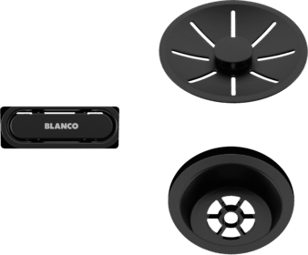 BLANCO Outlet basket strainer InFino ovale noir mat (z_blackmatt), numéro d’article 244699, présenté en set avec cache de trop-plein ovale et pièces rondes de bonde d’évier en noir mat.