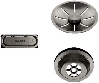 BLANCO Outlet basket strainer InFino ovale en platine satiné, référence 244698, présenté avec un cache trop-plein ovale et deux composants de panier filtre de bonde d’évier sur fond blanc.