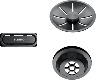 Ensemble panier filtre de bonde ovale BLANCO InFino en acier foncé satiné, avec cache trop-plein ovale et filtre de bonde rond, référence 244696.