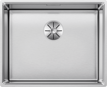 Draufsicht auf das Becken BLANCO VION 500-U, Edelstahl mit satiniert polierter Oberfläche, rechteckiges Einzelbecken mit zentrierter Ablaufabdeckung.