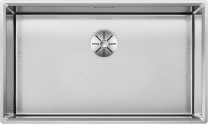 Draufsicht auf das BLANCO VION 700-U Becken aus Edelstahl mit satiniert polierter Oberfläche, rechteckiges Einzelbecken mit zentrierter Ablaufabdeckung.
