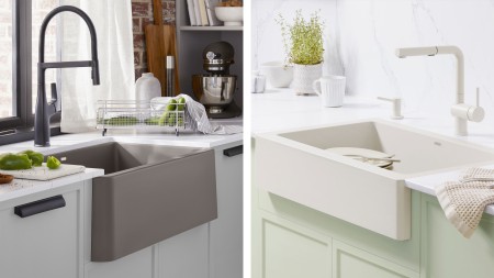 BLANCO UNIT featuring VINTERA farmhouse kitchen sink and LINUS faucet sink in Coal Black