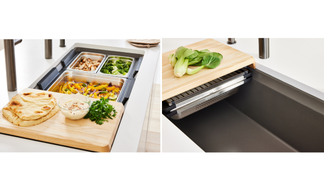 The BLANCO INTEOS workstation sink shown with integrated accessories used for prep and stacking