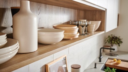 As an alternative to a Scandinavian kitchen cabinet, opt for shelving instead.