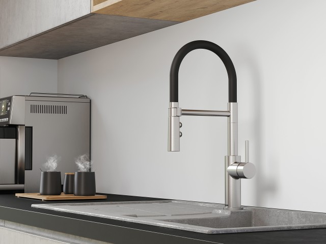 Catris-S Flexo in stainless steel finish combined with the Silgranit Blanco Metra XL 6 S sink 