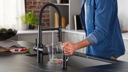 BLANCO UNIT featuring VINTERA farmhouse kitchen sink and LINUS faucet sink in Coal Black