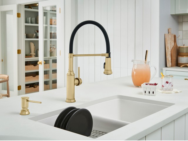 Empressa Kitchen Faucets in Satin Gold combine vintage and modern elements for an unique statement