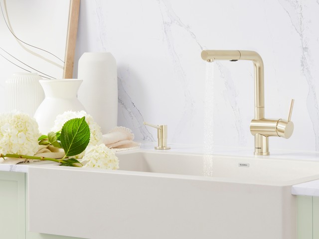 Linus Kitchen Faucets in Satin Gold elevate your space with the luxurious touch of gold