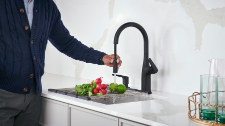 Rivana High Arc Kitchen Faucet and foldable drying rack