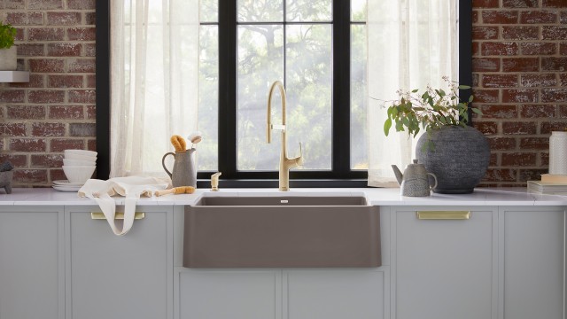 IKON Kitchen Sink in SILGRANIT Volcano Gray with Rivana Semi Pro Faucet in Satin Gold
