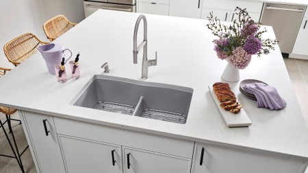 Diamond U2 Kitchen Sink in Metallic Gray with Rivana Semi Pro and Soap Dispenser in PVD Steel