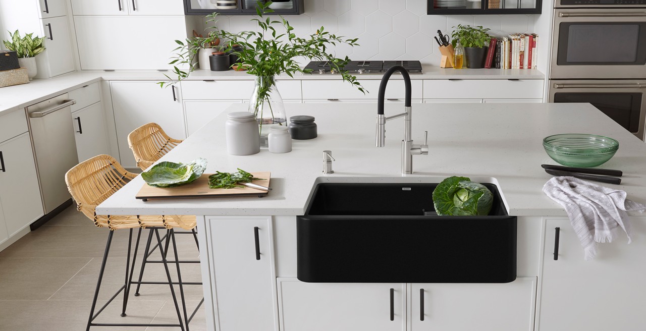 Ikon 30 Farmhouse Kitchen Sink in BLANCO coal black with Catris Flexo Kitchen Faucet in PVD Steel