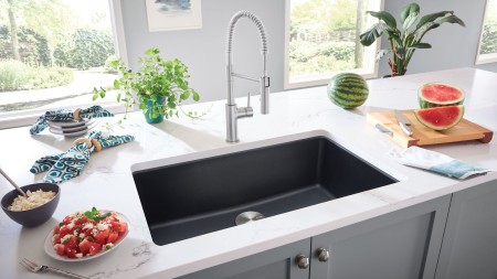 LIVEN kitchen & laundry sinks are dual-mount, they can be dropped into your cabinet or undermounted