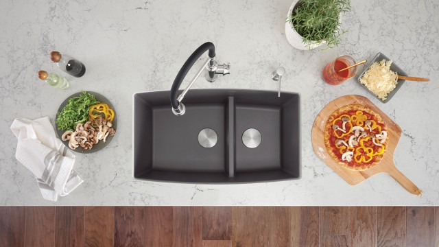 Performa 60/40 Kitchen Sink in Cinder | Empressa Semi Pro and Empressa Soap Dispenser in PVD Steel