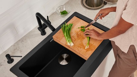 VINTERA Farmhouse Kitchen Sinks can be customized with grids and cutting boards