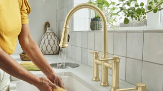 IKON Kitchen Sink in SILGRANIT White and EMPRESSA BRIDGE Kitchen Faucet in Satin Gold