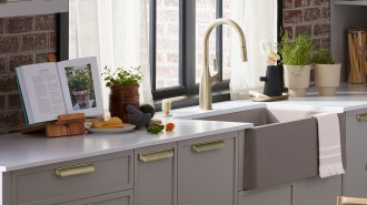 IKON Kitchen Sink in SILGRANIT White and EMPRESSA BRIDGE Kitchen Faucet in Satin Gold
